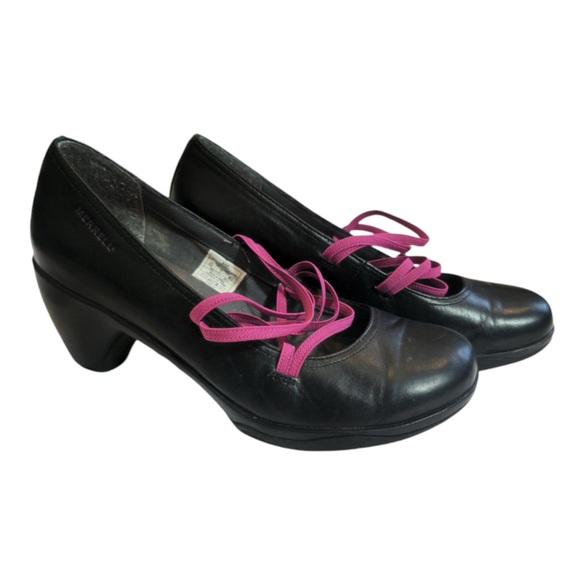 Merrell Mary Jane Evera Womens Size 9.5 Shoes Black Leather Pink Straps Heels - Picture 1 of 11